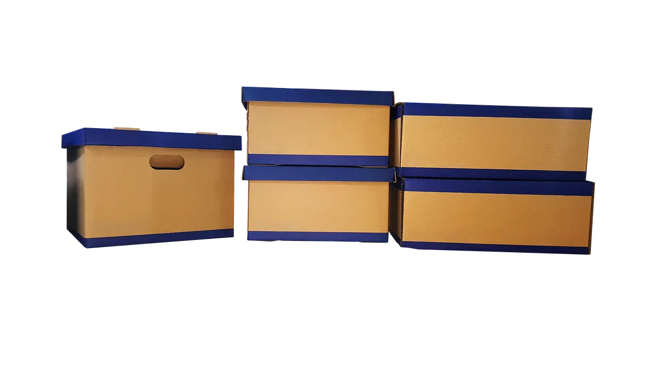 Five plain cardboard storage boxes with blue edges on a white background